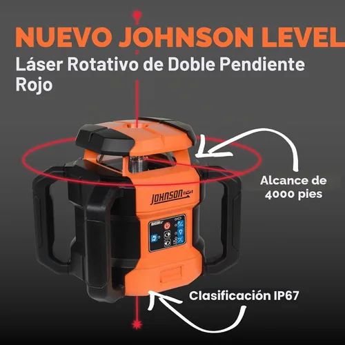 Vista 2 de Johnson Level & Tool JRT300-RDHV-K Kit de láser rotativo autonivelante rojo de doble pendiente, rango de 4,000 pies, estuche de transporte