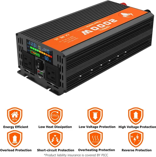 Vista 2 de Inversor de potencia de 2000 vatios, convertidor de 12 V CC a 110 V CA para automóvil/exterior, con pantalla LED, dos tomas de CA, puerto USB, dos
