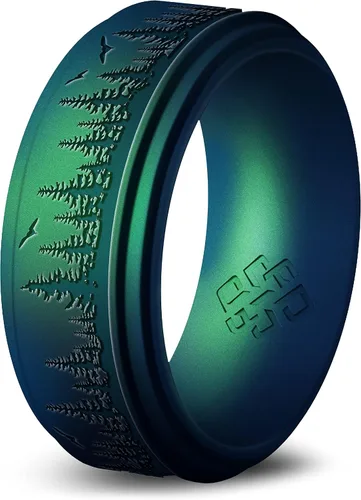 Vista 27 de Knot Theory Anillo de silicona para hombre, grabado de montaña, ondas, bosque, ancho de banda de 0.315 pulgadas, transpirable, ajuste cómodo