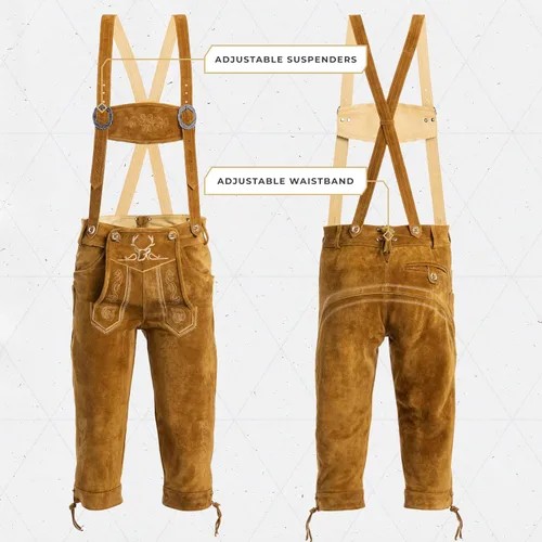 Vista 2 de BAVARIA TRACHTEN Lederhosen - Traje de cuero genuino para hombre, traje de Oktoberfest alemán auténtico para hombre, color marrón claro, largo