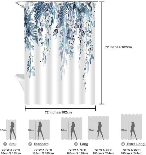 Vista 7 de Cortina de ducha de eucalipto azul, juego de cortinas de ducha de eucalipto con hojas de acuarela impermeables, cortinas de baño de tela con hojas