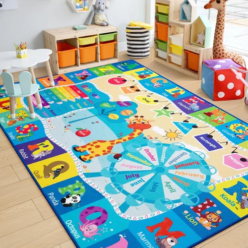 Vista 13 de Chicrug Alfombra educativa para niños de 3 x 5 pies para sala de juegos, TPR antideslizante para niños, alfombra de aula para aprender animales ABC