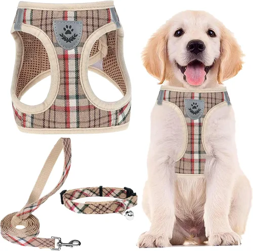 Vista 19 de PUPTECK - Arnés, collar y correa ajustables, sin tirones, para perros pequeños y medianos, cachorros y gatos, pechera reflectante acolchada de malla