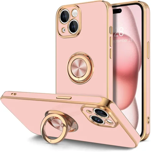 Vista 12 de Hython Funda para iPhone 15 con Soporte de Anillo, Soporte de Anillo Giratorio de 360° Soporte Magnético, Borde Chapado en Oro Rosa Cubierta Suave