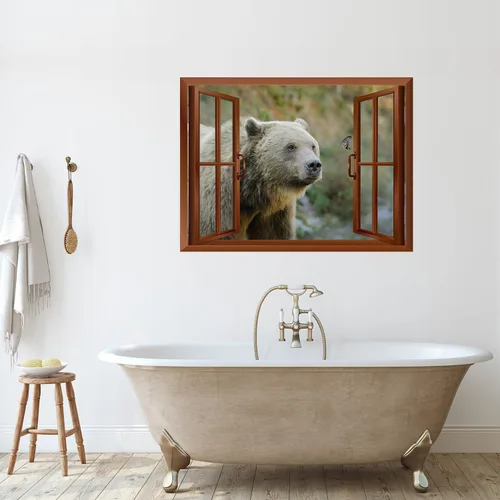 Vista 4 de wall26 Adhesivo decorativo para pared, diseño de oso y mariposa fuera de una ventana abierta, no se pega ni se pega, papel tapiz no tejido