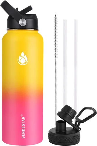 Vista 63 de SENDESTAR Botella de agua aislada de 24 onzas, boca ancha, botella de agua de 24 onzas con tapa con popote, tapa de boquilla, acero inoxidable