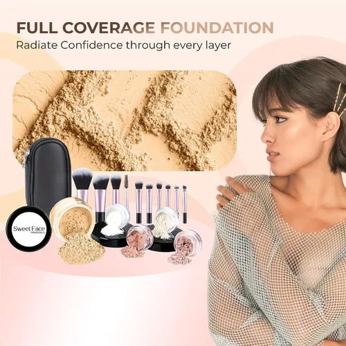 Vista 3 de Kit básico con juego de 6 brochas y juego de bases de maquillaje mineral, piel mate. , Beige