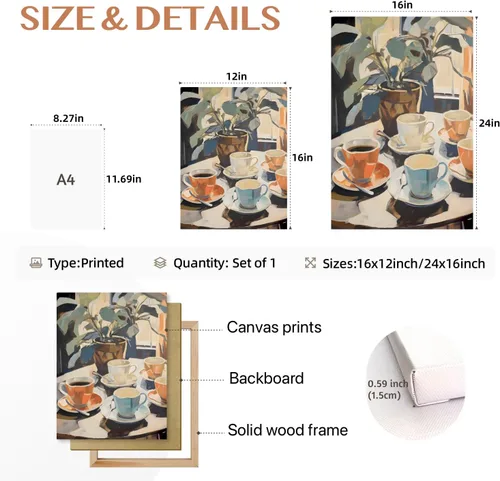 Vista 7 de Cyebmo Arte de Pared Retro Enmarcado de Café, Decoración de Pared de Taza de Café y Planta, Pintura en Lienzo de Acuarela de Café, Póster