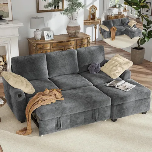 Vista 24 de Hanherry - Sofá seccional con sofá cama extraíble, sofá cama de chenilla con 2 asientos de almacenamiento y carga USB, cómodos sofás modulares