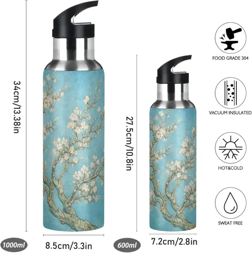 Vista 2 de ALAZA Botella de agua con diseño de flor de almendra con tapa de pajilla, botella térmica de acero inoxidable aislada al vacío, botella de agua