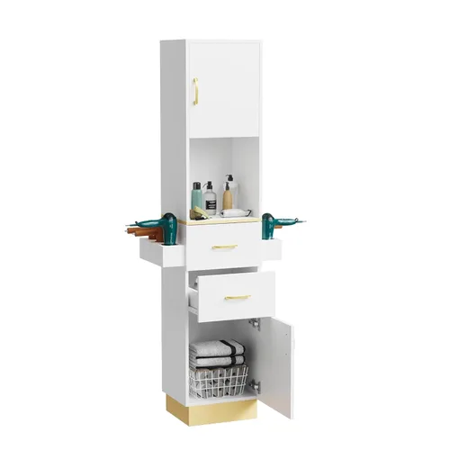 Vista 10 de OmySalon Estación de peluquería, estación de peluquería para estilista, gabinete de almacenamiento de belleza con acabado de acero inoxidable, Negro
