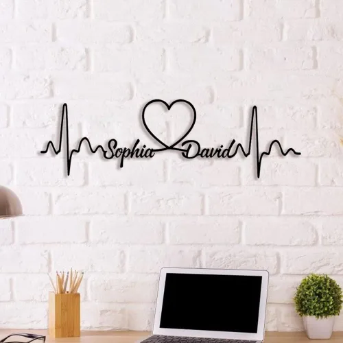 Vista 6 de Arte de pared de metal personalizado con latido del corazón, nombre de pareja, decoración de dormitorio, colgador de pared, regalo para él, letrero