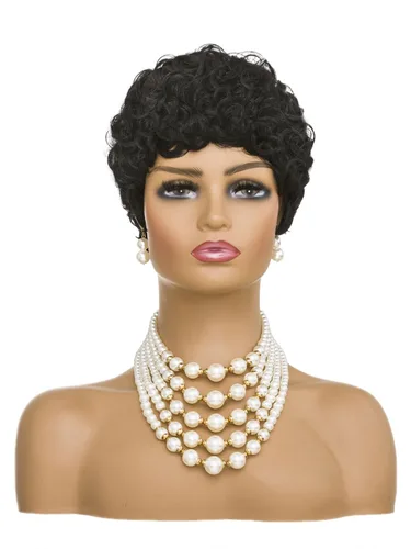 Vista 2 de MOONSHOW Pelucas cortas de corte Pixie para mujeres negras, pelucas cortas Pixie negras naturales para mujeres negras, peluca sintética rizada