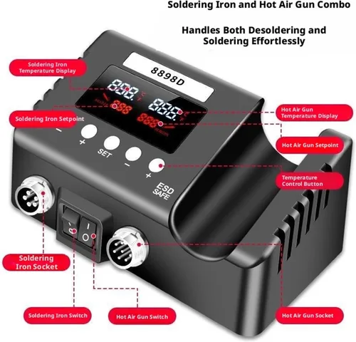 Vista 5 de Soldering Iron Station, Smart 2-in-1 SMD Rework Soldering Station 8898D, Dual Digital Display Hot Air Gun & Iron Kit