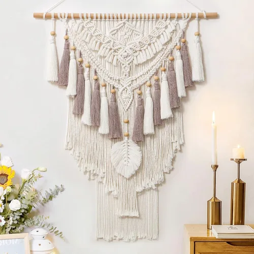 Vista 9 de Dremisland - Tapiz tejido de macramé para colgar en la pared, geométrico estilo boho, beige y gris, de algodón hecho a mano, decoración artística