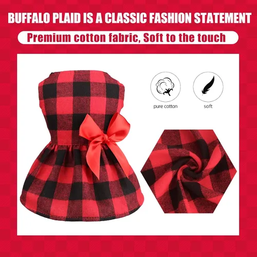 Vista 4 de Vestidos de perro a cuadros de búfalo, ropa de corbatín lindo, ropa de algodón suave para Navidad, disfraz de perro para perros pequeños, ropa