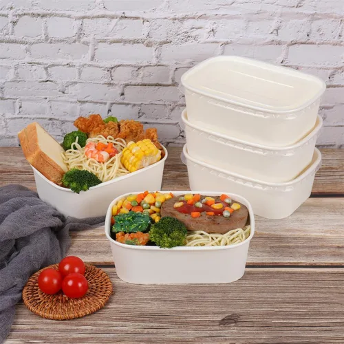 Vista 6 de Cuencos de ensalada de papel desechables de 25 onzas con tapas, recipientes rectangulares para alimentos, cuencos de sopa, suministros de fiesta