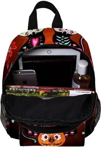 Vista 5 de Eqiaoqukey - Mochila ligera para el día de los muertos, diseño de calavera de azúcar y calabaza, mochila pequeña informal para viajes con bolsillos