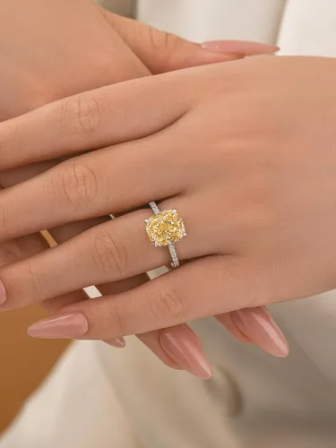 Vista 25 de Anillo de compromiso de corte cojín de 4 quilates para mujer, piedra blanca/amarilla grado 5A, circonita cúbica S925, plata, amarillo/blanco/oro rosa