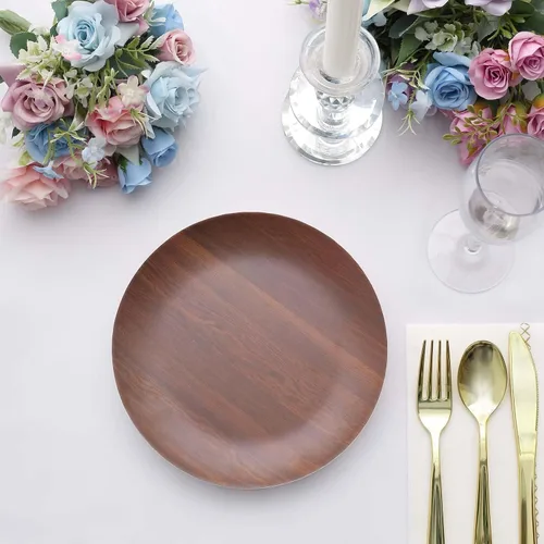 Vista 7 de Efavormart - Paquete de 6 platos de postre de melamina marrón rústico de 8 pulgadas, platos de ensalada con estampado de grano de madera resistente