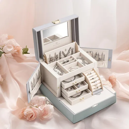 Vista 6 de Vlando Organizador de caja de joyería con espejo, caja de almacenamiento de joyería de cuero, collares, aretes, anillos, soportes, soporte de caja