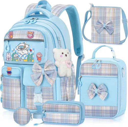 Vista 9 de Mochila para niñas con juego de lonchera, 5 piezas, color negro, linda mochila Kawaii para adolescentes, mochila escolar estética para primaria