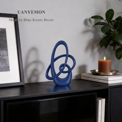 Vista 3 de Decoración moderna de nudos azules, estatua de nudo azul de resina de 7.1 pulgadas, escultura de arte abstracto azul marino, decoración del hogar