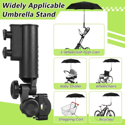 Vista 6 de Soporte de paraguas de carrito de golf resistente ajustable en 180° para cochecito, bicicleta, silla de ruedas, silla de ruedas, silla de playa