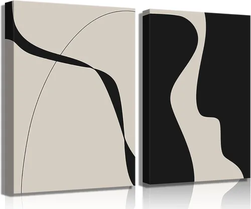 Vista 8 de BOKPEN Arte de pared de lienzo abstracto en blanco y negro, pinturas minimalistas de líneas, obras de arte, póster geométrico de mediados de siglo