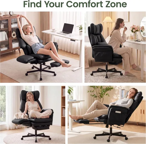 Vista 7 de Silla cruzada con reposapiés, silla de oficina grande y alta con brazos Cuero Pu Negro
