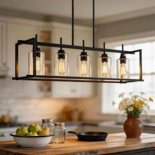 Vista 23 de Iluminación de isla de cocina de 4 luces, lámpara cromada para comedor, luz de isla para colgar sobre la mesa para candelabros lineales de granja