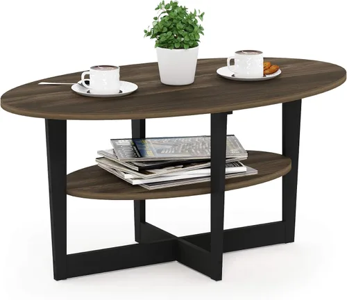 Vista 10 de Furinno Jaya Mesa de Centro Ovalada de Diseño Simple con Contenedor para Sala de Estar, Americano/Cromo/Negro