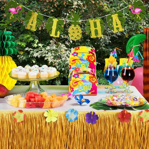 Vista 7 de JOPHMO Paquete de decoración de fiesta tropical Luau hawaiana temática de playa, suministros de fiesta Luau (112 piezas) incluyendo pancarta, falda
