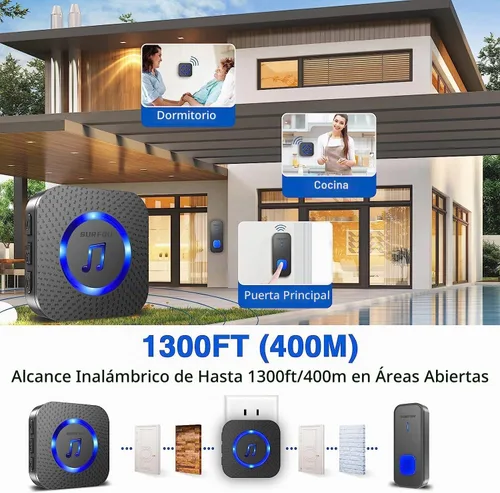 Vista 2 de SURFOU Timbre inalámbrico, impermeable, fácil instalación - rango de 1300 pies, 55 tonos, 5 niveles de volumen ajustables - flash LED