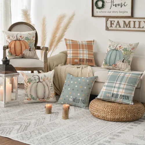 Vista 3 de AVOIN colorlife Juego de 4 fundas de almohada de Hello Fall Hello Pumpkin de 16 x 16 pulgadas, cosecha de Acción de Gracias de otoño, decoración