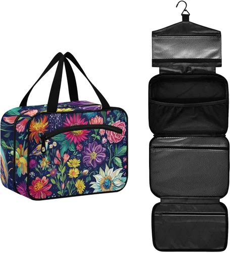 Vista 2 de Flores retro con pintura al óleo de color Siente colgante bolsa de artículos de tocador de viaje con gancho, bolsas lavables de diseñador
