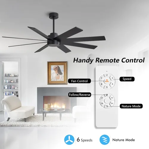 Vista 2 de WINGBO Ventiladores de techo CC grandes de 60 pulgadas sin luces, 3 varillas descendentes, 8 aspas de madera contrachapada, motor CC reversible de 6