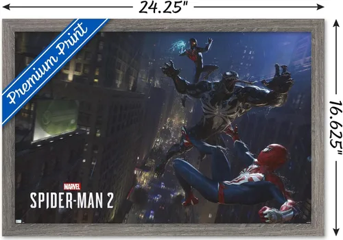 Vista 3 de Marvel's Spider-Man 2 - Póster de pared de lucha con veneno, 22.4 pulgadas de largo x 14.7 pulgadas de ancho, versión enmarcada de madera de granero