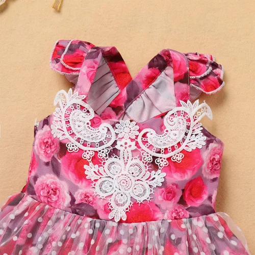 Vista 3 de IDOPIP Baby Girls Floral Tutu Dress Summer Mesh Lace Sleeveless Backless Princess Birthday Party Dresses with Headband Outfit