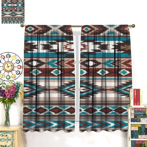 Vista 390 de Cortinas con patrón geométrico tribal, estilo suroeste, azteca, rústico, occidental, nativo americano, opacas, con bolsillo para barra, decoración