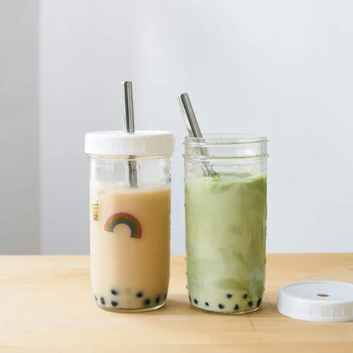 Vista 6 de (4 pajitas de té Boba, 4 tapas de tarro Mason y 2 limpiadores de pajitas) Wide reusable stainless steel boba straws with mason jar lids and