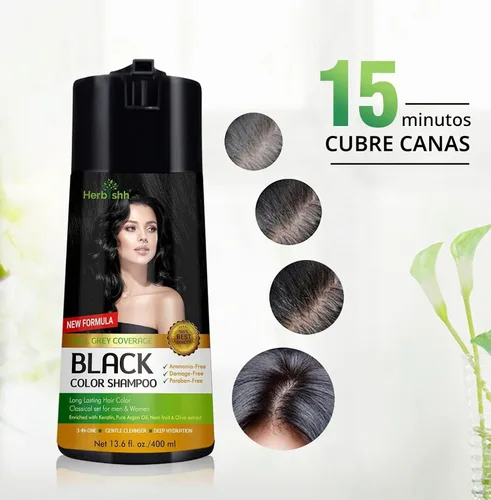 Vista 3 de Herbishh Champú de color para cabello gris – Fórmula enriquecida con queratina y flor de forro polar tubérculo – Cobertura total de canas, fácil