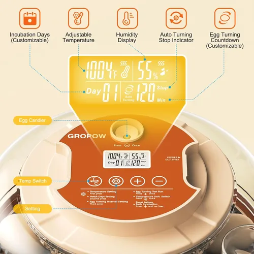 Vista 3 de Incubadora de 18 huevos, giro automático con control de temperatura y humedad, vela de huevos, vista 360 con ventilación de aire, recarga automática
