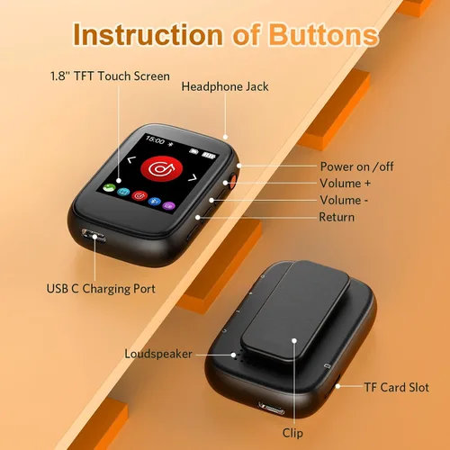 Vista 7 de Reproductor Mp3 portátil para niños con clip en la parte posterior, pequeño reproductor de música con Bluetooth 5.3, pantalla táctil, radio FM