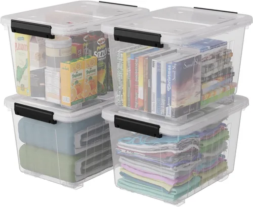 Vista 7 de Paquete de 4 cajas de almacenamiento con pestillo transparente de 30 litros, contenedores grandes de plástico con ruedas