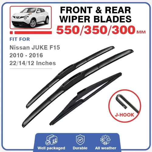 Vista 2 de Juego de 3 limpiaparabrisas delantero y trasero compatible con Nissan Juke F15 2010-2016 limpiaparabrisas de 22 pulgadas + 14 pulgadas + 12 pulgadas