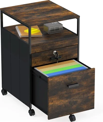 Vista 8 de SHW Archivador de caja móvil con estante abierto y cajón con cerradura, color negro