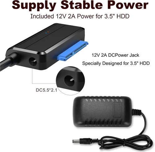 Vista 6 de Cable SATA a USB 3.0 a 2.5 Adaptador de disco duro de 3.5 pulgadas, convertidor externo para transferencia de datos SSD/HDD, con fuente