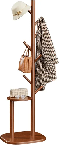 Vista 8 de Pipishell Perchero, árbol de pasillo independiente con 8 ganchos y estante de almacenamiento, base de madera maciza, perchero de 66.3 pulgadas