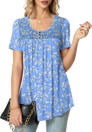 Vista 2 de POPYOUNG - Blusa veraniega para mujer, de manga corta, informal y suelta, estilo túnica, con botones y pliegues
